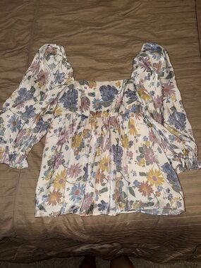 The Impeccable Pig Floral Square-Neck Blouse in Cream, Blue, Pink, Yellow